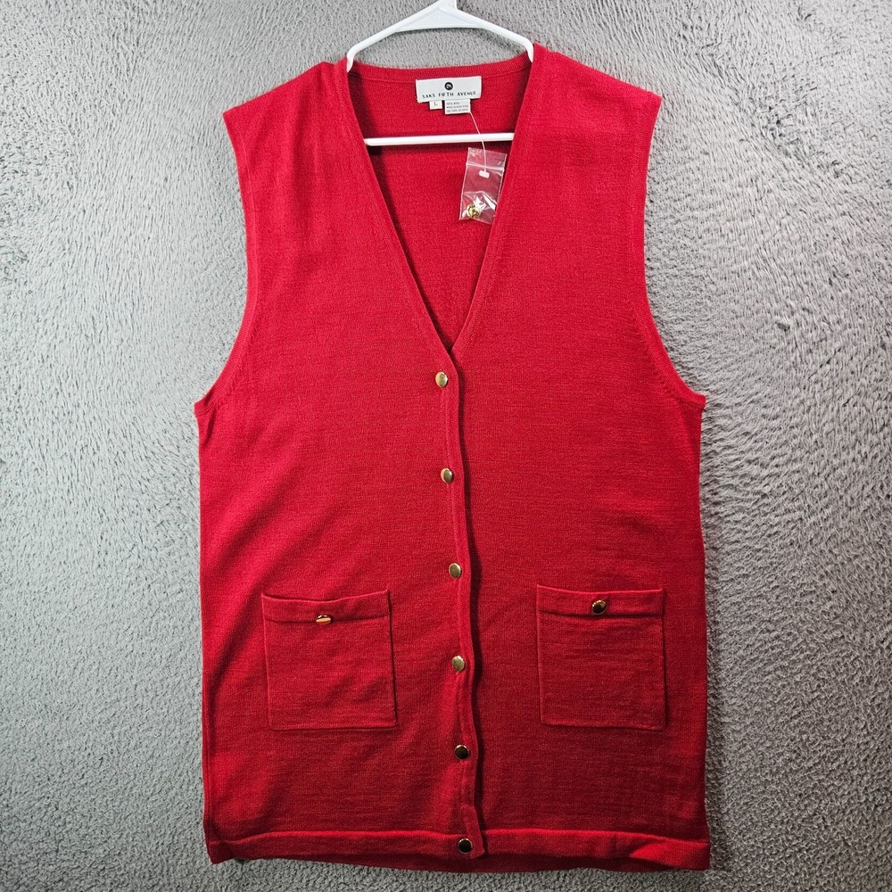 NEW VTG Saks Fifth Avenue 100% Wool Long Vest Women Large Gold Button Red